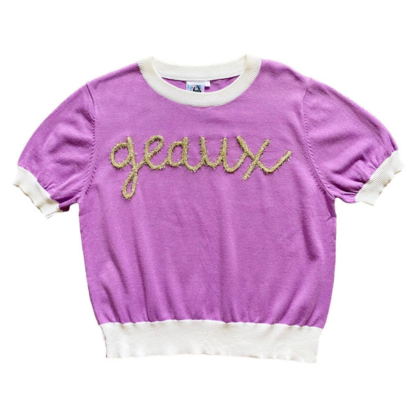 "Geaux" Short Sleeve Glitter Script Sweater- Purple