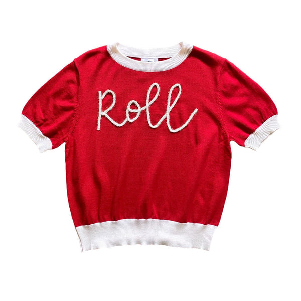 "Roll" Short Sleeve Glitter Script Sweater- Red