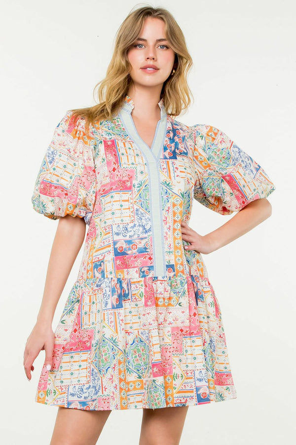 Puff Sleeve Print Dress- Cream