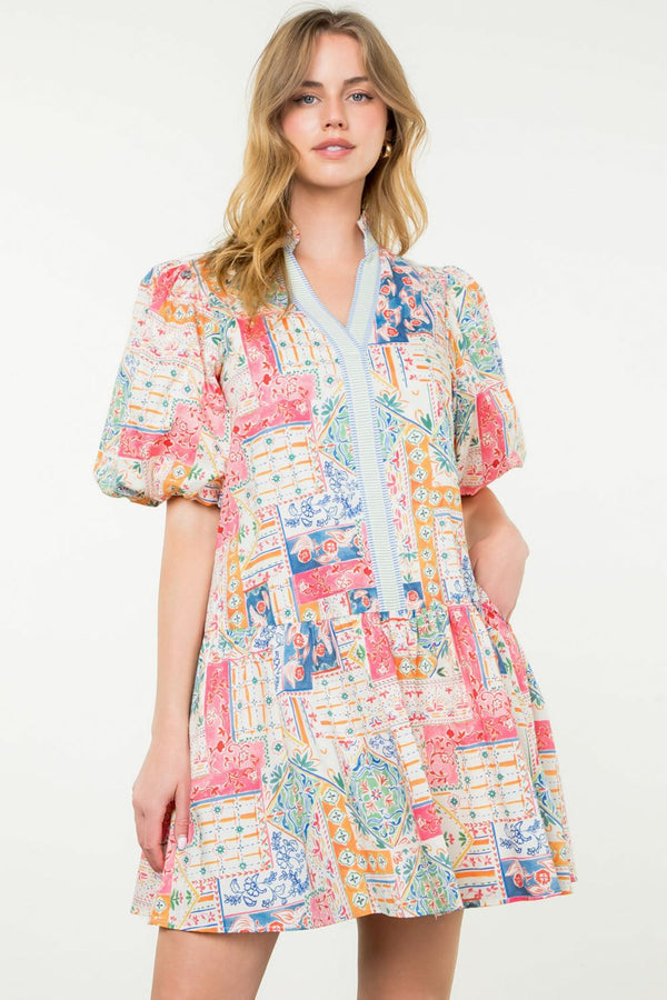 Puff Sleeve Print Dress- Cream