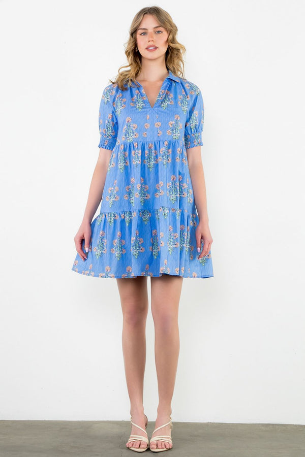 Puff Sleeve Floral Dress- Blue