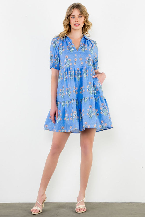 Puff Sleeve Floral Dress- Blue