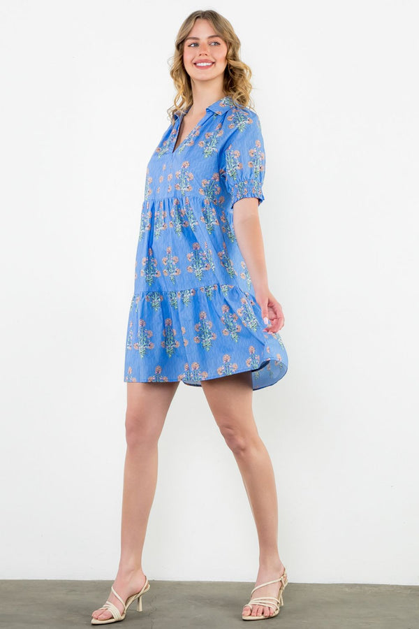 Puff Sleeve Floral Dress- Blue