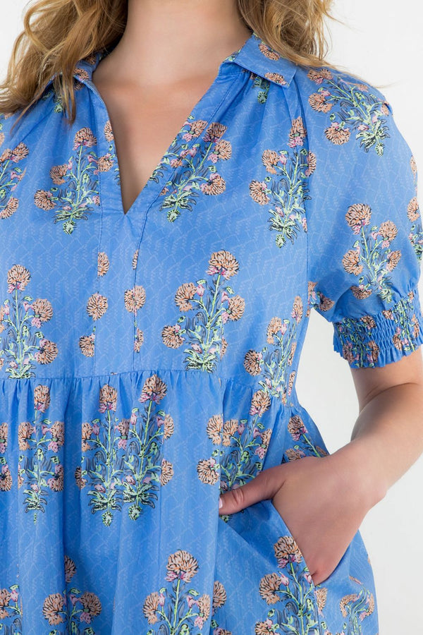 Puff Sleeve Floral Dress- Blue