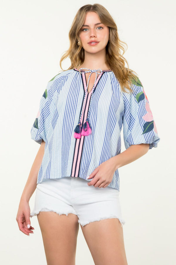 Striped Embroidered Puff Sleeve Top- Blue