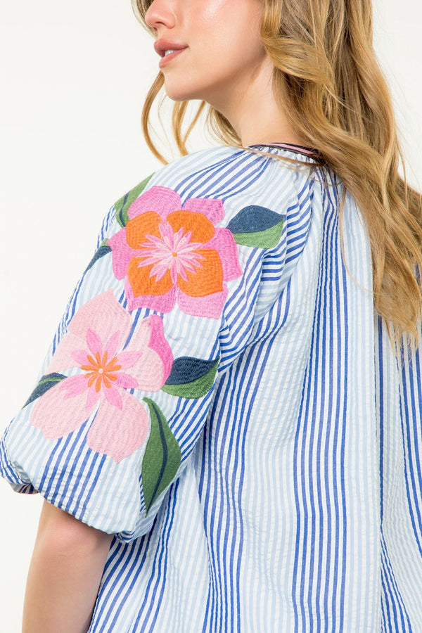 Striped Embroidered Puff Sleeve Top- Blue