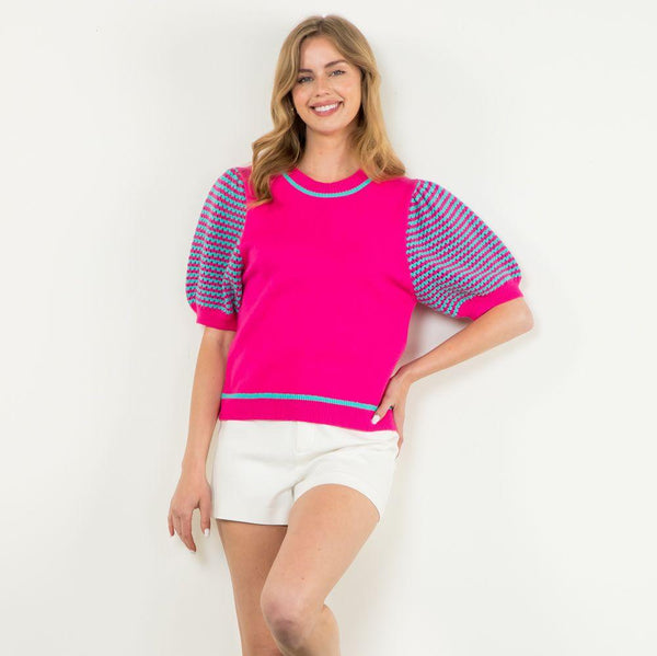 Knitted Puff Sleeve Top- Magenta/Aqua