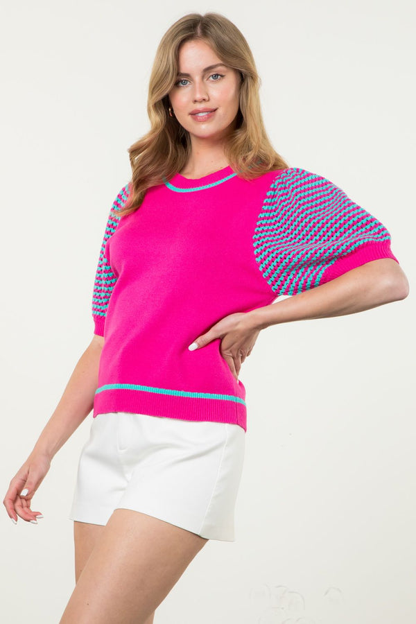 Knitted Puff Sleeve Top- Magenta/Aqua