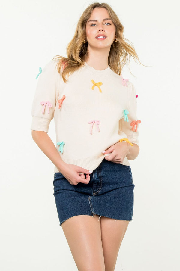 Textured Bow Knit Top- Cream