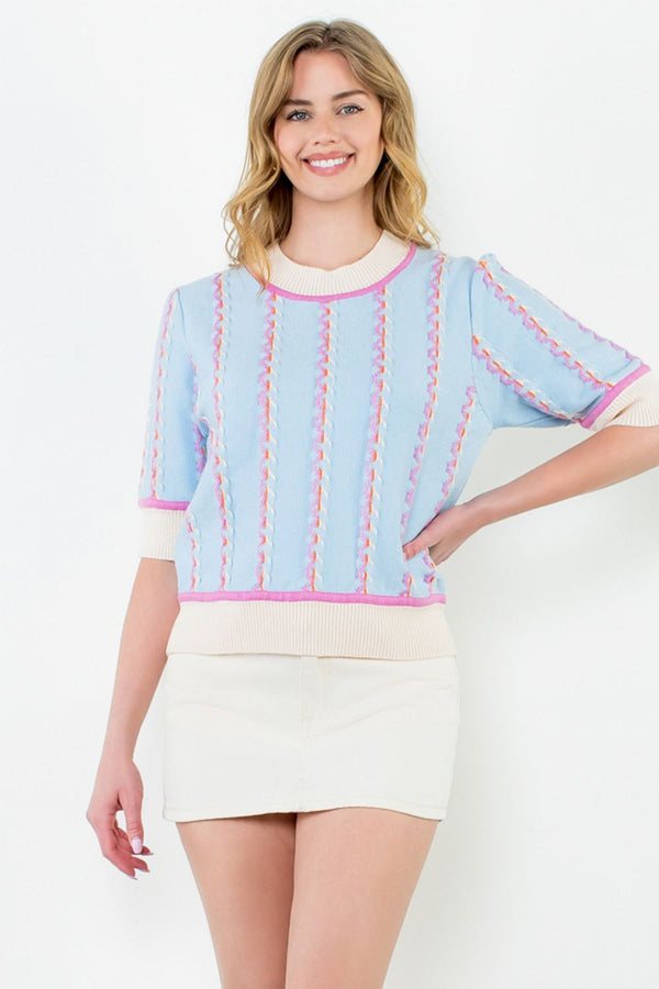 Short Sleeve Knit Top- Light Blue