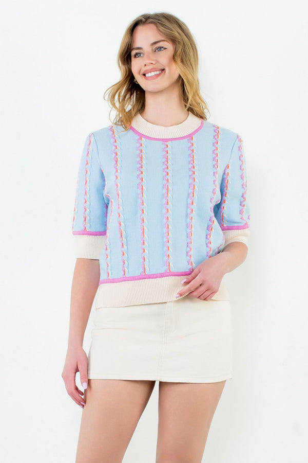 Short Sleeve Knit Top- Light Blue